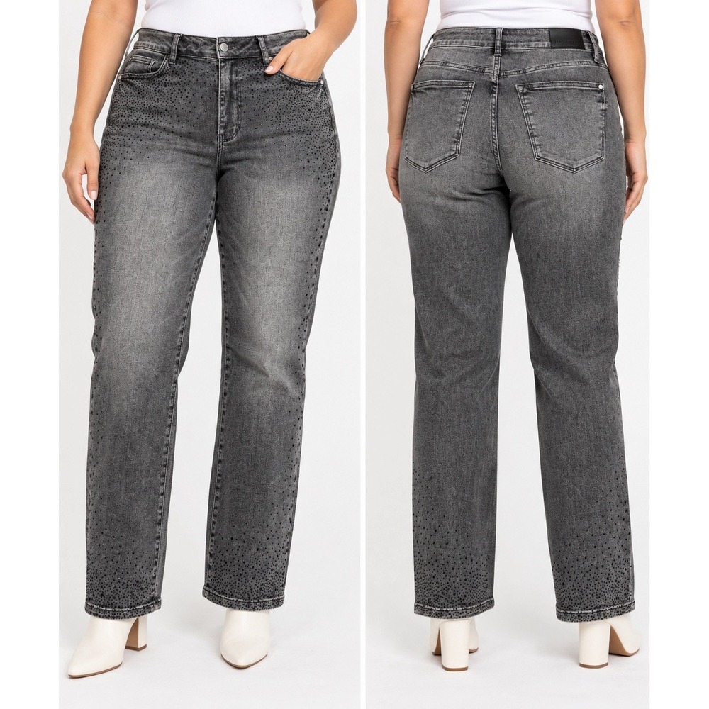 Judy Blue 14W NWT Gray Rhinestone Straight Leg Jeans High Rise Embellished
